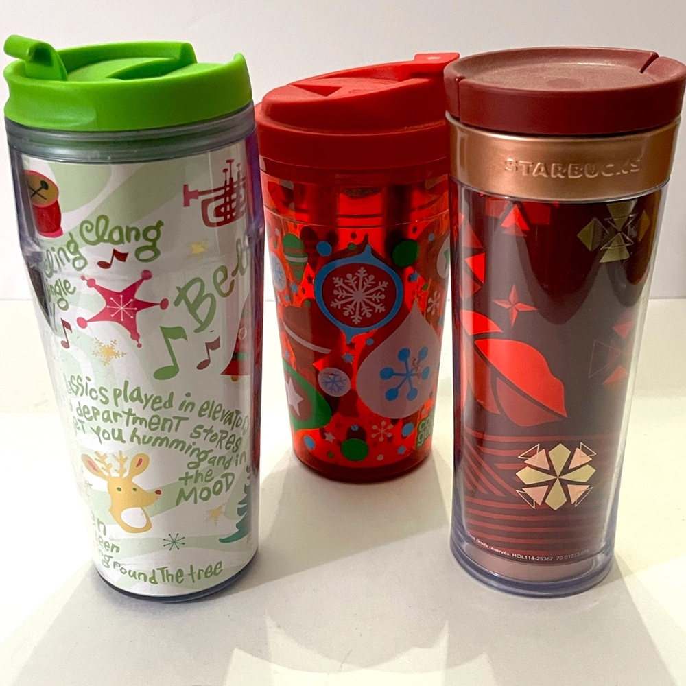 Starbucks Holiday Tumbler 2004 Bellringer, 2013 Bella Holiday Red plus bonus cup